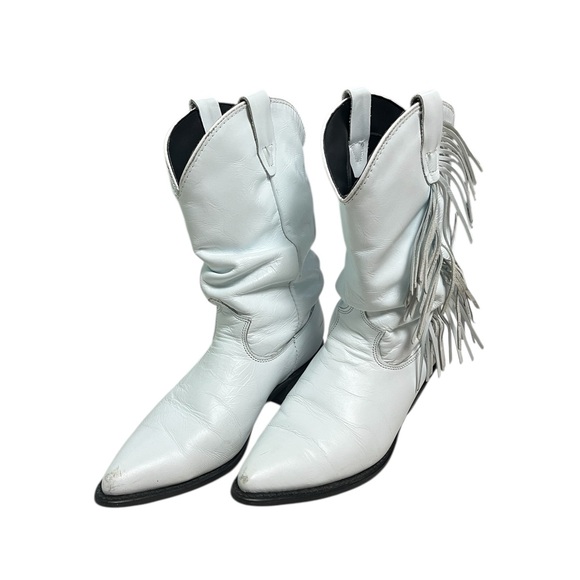 Vintage White Leather Fringe Cowboy Boots Boho Western Slouch Ankle Size 7.5 - Picture 8 of 9